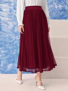 Modelyn Burgundy Red Dobby Mesh Overlay Pleated Skirt - Burgundy - View 4