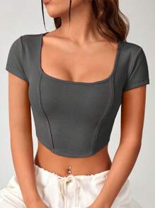 SHEIN EZwear 方領短款T恤 - 深灰色 - 查看 6