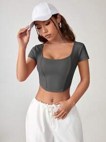 SHEIN EZwear 方領短款T恤 - 深灰色 - 查看 8