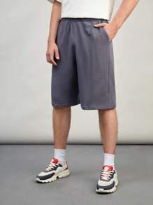GENTILAND 男士素色斜口袋短褲 - 霧霾藍 - 查看 1