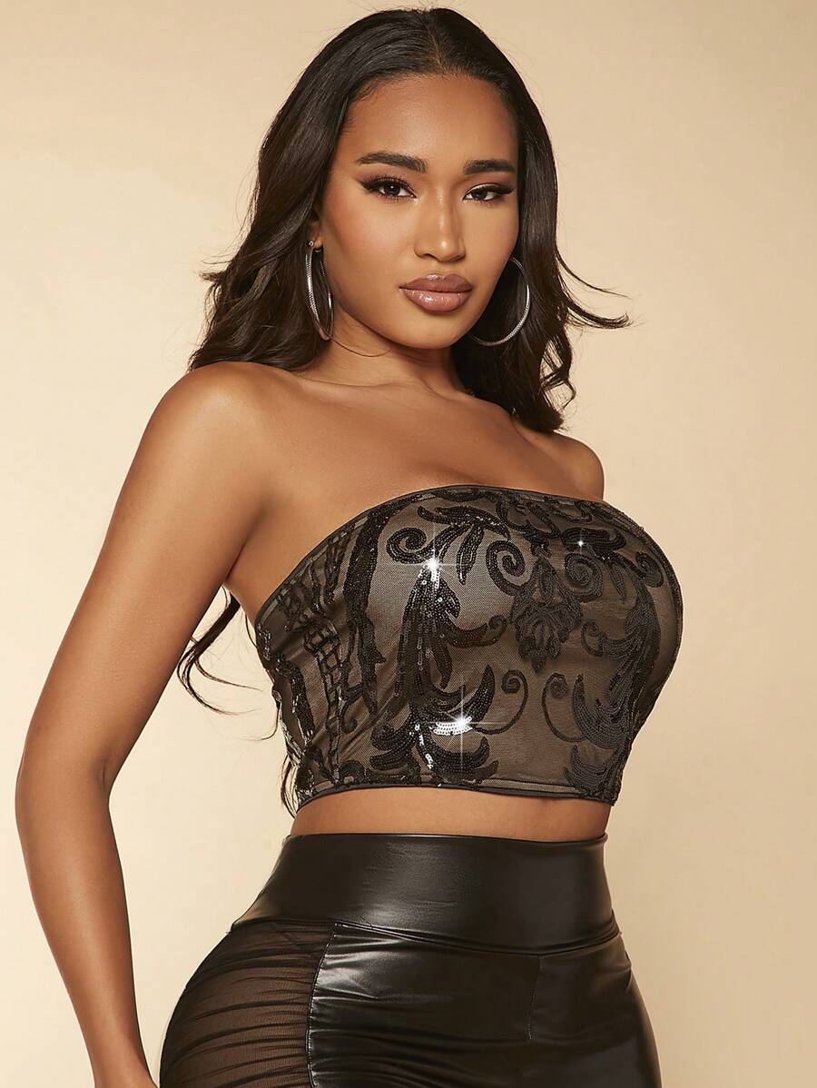 SHEIN SXY Sequin Mesh Crop Tube Top - Black - View 1