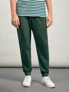 GENTILAND Hombres Pantalones deportivos de 100% algodón unicolor de cintura con cordón - Verde Oscuro - Ver 3