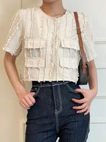 DAZY Solid Flap Detail Frill Trim Button Front Crop Jacket - Beige - View 6