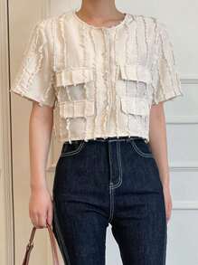 DAZY Solid Flap Detail Frill Trim Button Front Crop Jacket - Beige - View 5