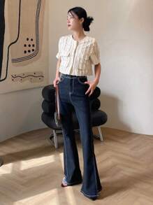 DAZY Solid Flap Detail Frill Trim Button Front Crop Jacket - Beige - View 7