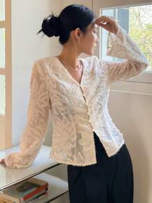 DAZY 纯色前扣透明衬衫 - 米色 - 查看 7