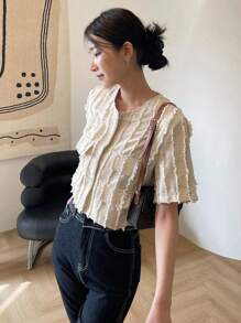 DAZY Solid Flap Detail Frill Trim Button Front Crop Jacket - Beige - View 8