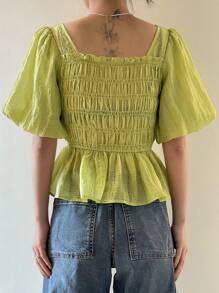 DAZY Square Neck Puff Sleeve Peplum Blouse,Babydoll Top - Green - View 2