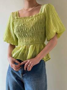 DAZY Square Neck Puff Sleeve Peplum Blouse,Babydoll Top - Green - View 5