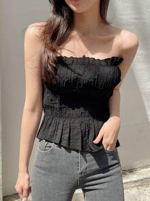 DAZY Solid Ruffle Hem Tube Top - Black - View 6