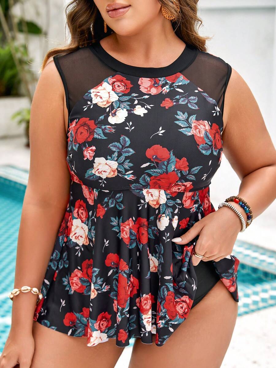 SHEIN Swim Curve Plus Size Floral Print Contrast Mesh Tankini Summer Beach - Black - View 1