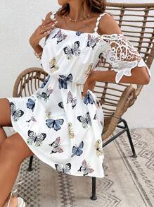 SHEIN VCAY Đầm Tương phản ren Loại bướm Tất cả trên in Giải trí - Nhiều màu - Xem 4