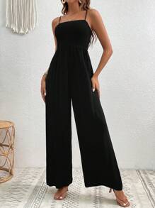 SHEIN VCAY 素色闊腿吊帶連體褲 - 黑色 - 查看 4