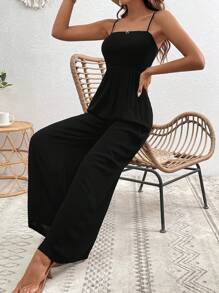 SHEIN VCAY 素色闊腿吊帶連體褲 - 黑色 - 查看 5