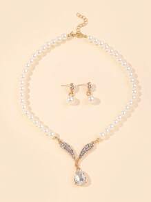 1條優雅的鋅合金人造珍珠吊墜項鍊和1對女性掛墜耳環,用於婚禮裝飾 - 彩色 - 查看 2