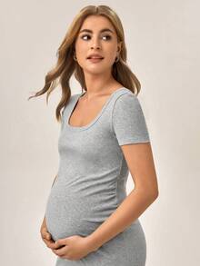 SHEIN Maternidad Vestido de muslo con abertura tejido de canalé - Gris Claro - Ver 5