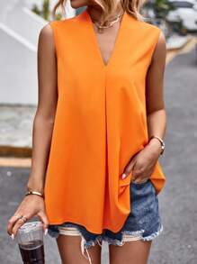 SHEIN LUNE Camisa sin manga unicolor de cuello V - Naranja - Ver 1