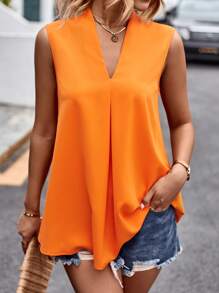SHEIN LUNE Camisa sin manga unicolor de cuello V - Naranja - Ver 4