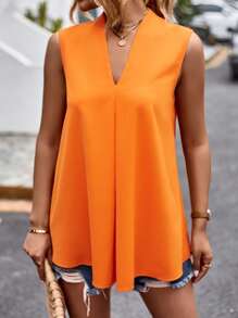 SHEIN LUNE Camisa sin manga unicolor de cuello V - Naranja - Ver 6