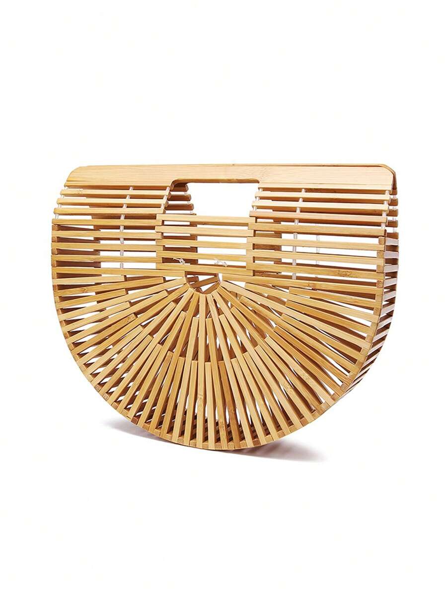 Medium Satchel Bag Bamboo Design Hollow Out Women Bamboo Handbag Handmade Large Tote Bag - Camel - View 1