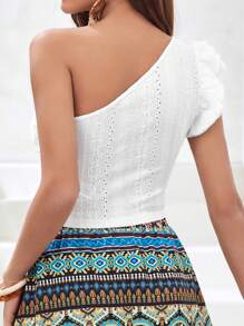 SHEIN VCAY 單肩網眼刺繡荷葉邊短款T恤 - 白色 - 查看 2