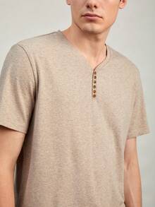 GENTILAND Men Button Detail Tee - Khaki - View 6