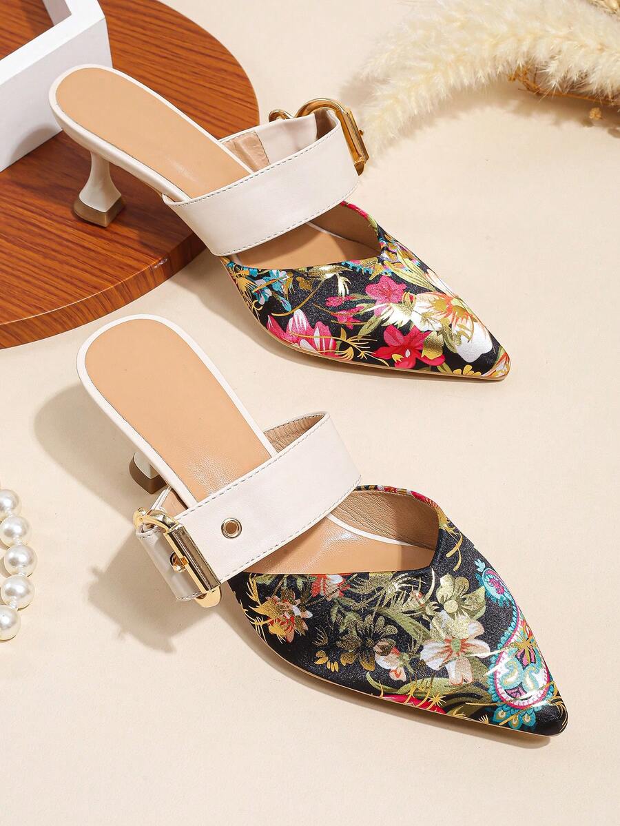 魅力四射帶跟穆勒鞋適用於女士花卉圖案扣飾高跟鞋 - 彩色 - 查看 1