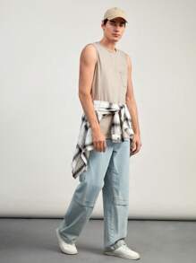 Manfinity Basics Men 100% Cotton Solid Pocket Patched Tank Top - Khaki - View 4