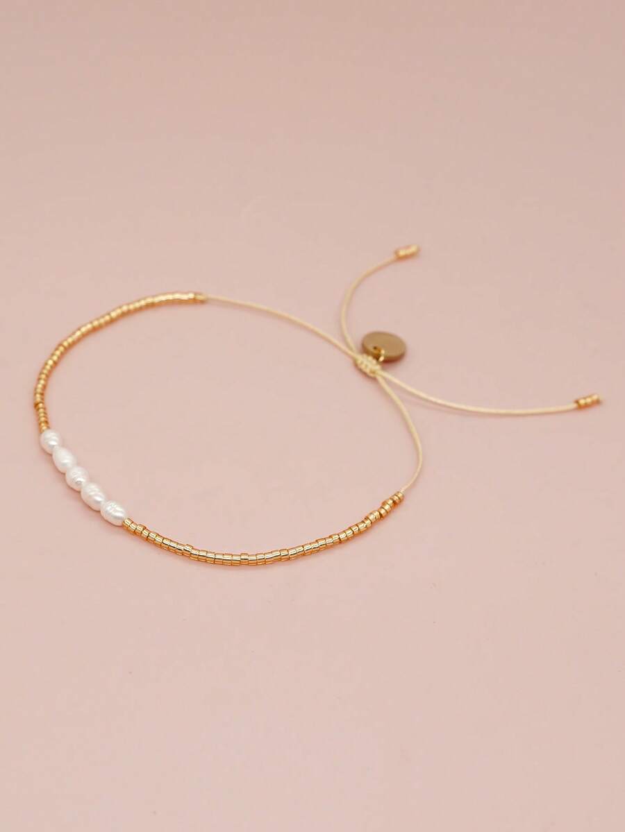 1入組時尚玻璃人造珍珠裝飾細繩手鏈適合女士日常裝飾 - 彩色 - 查看 1