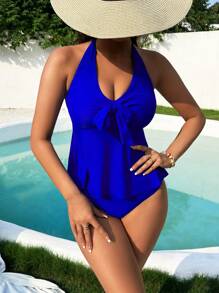 SHEIN Swim Bãi biển mùa hè thắt nút phía trước Tankini - Màu xanh lam - Xem 4
