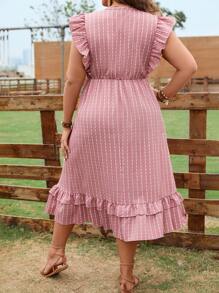 Celure 大碼條紋印花荷葉邊繫腰帶連衣裙 - 粉色 - 查看 3
