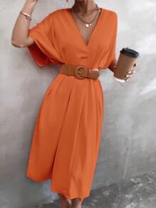 SHEIN Clasi Solid Batwing Sleeve Dress Without Belt - Orange - View 1