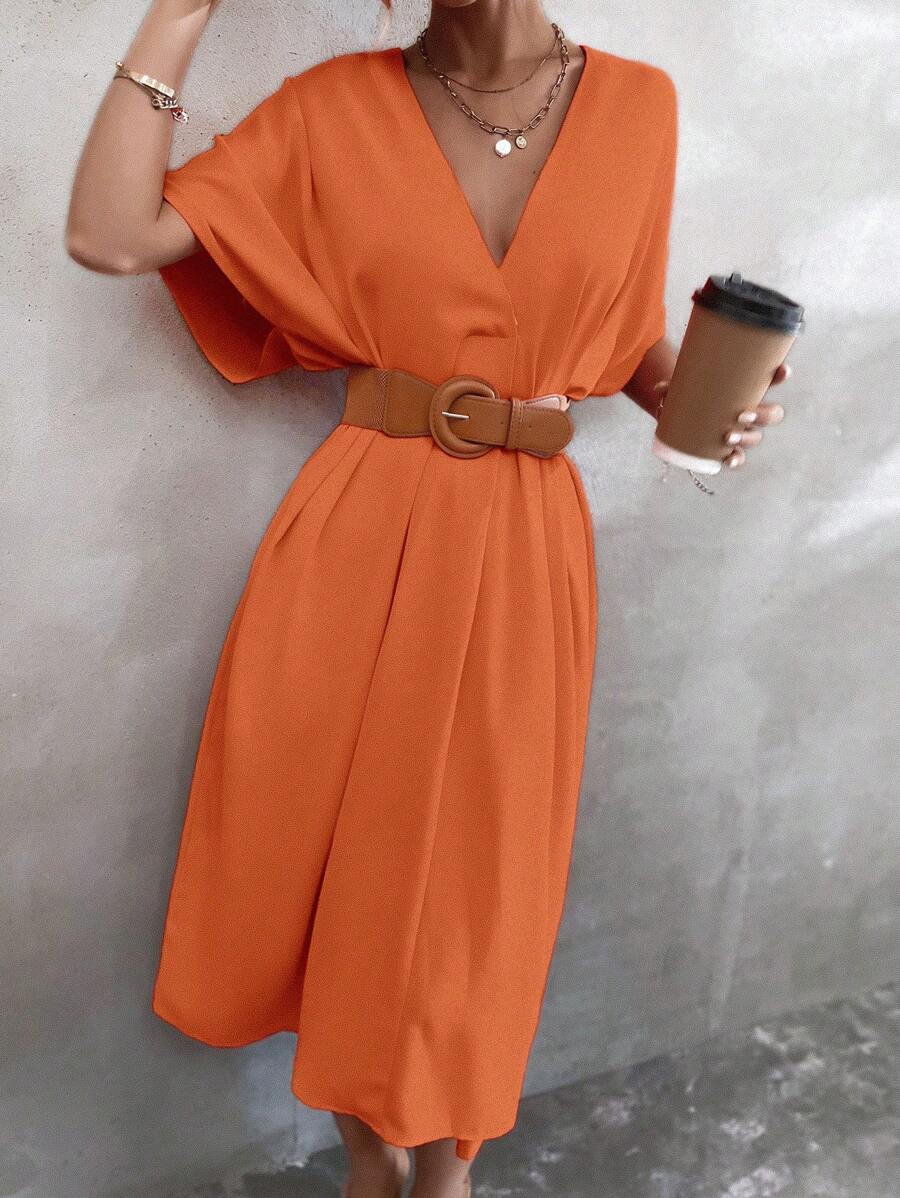 SHEIN Clasi Solid Batwing Sleeve Dress Without Belt - Orange - View 1