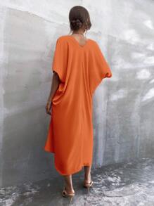 SHEIN Clasi Solid Batwing Sleeve Dress Without Belt - Orange - View 2