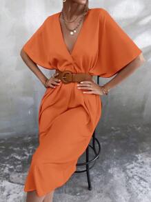 SHEIN Clasi Solid Batwing Sleeve Dress Without Belt - Orange - View 3