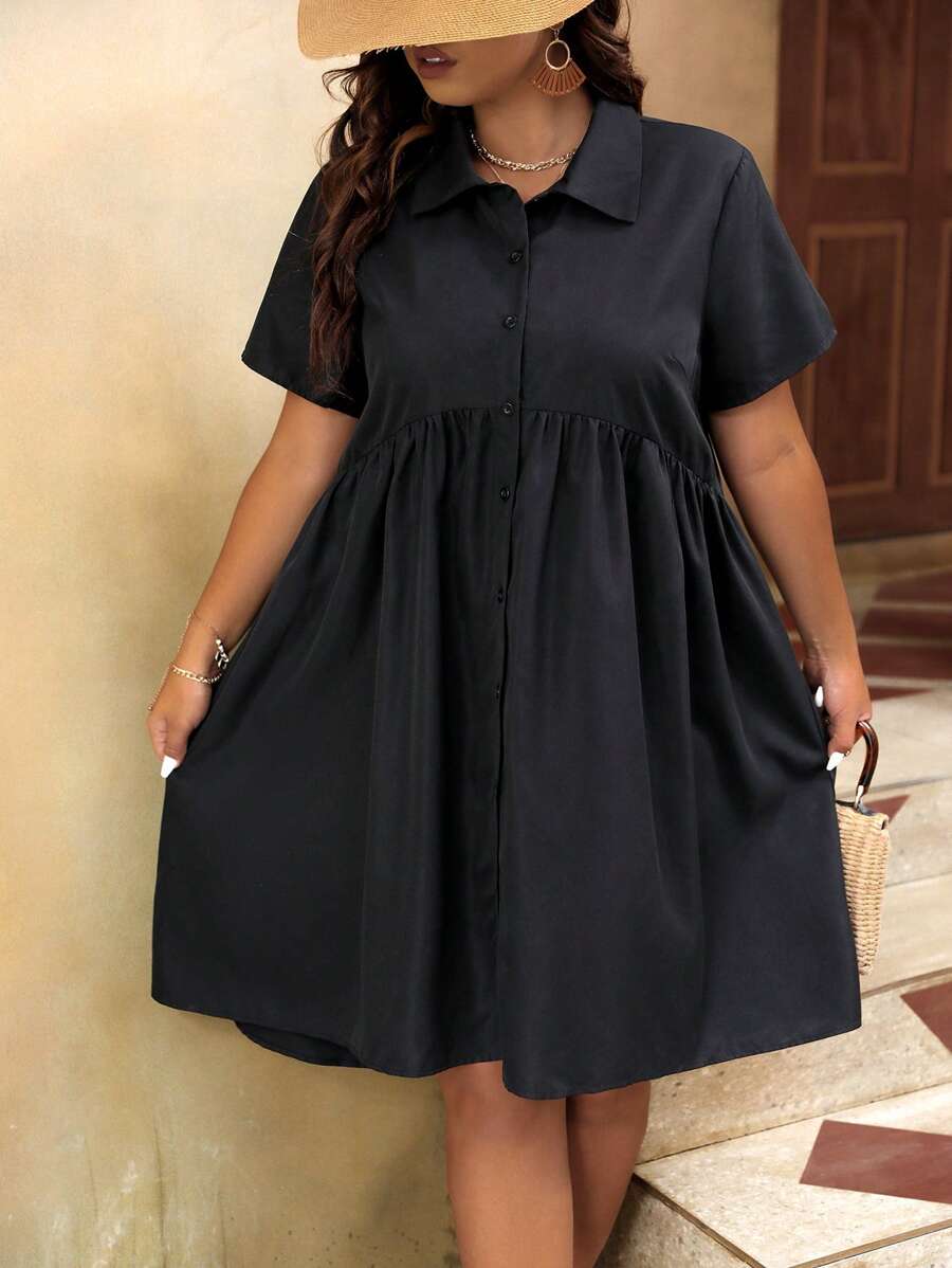 EMERY ROSE 大碼素色前紐扣娃娃裙 - 黑色 - 查看 1