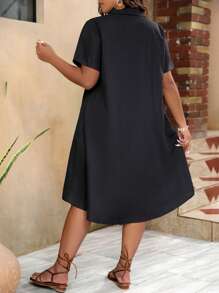 EMERY ROSE 大碼素色前紐扣娃娃裙 - 黑色 - 查看 2