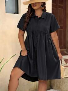 EMERY ROSE 大碼素色前紐扣娃娃裙 - 黑色 - 查看 6