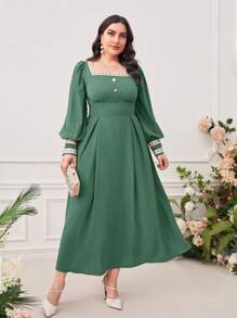 Modelyn Plus Square Neck Button Detail Lantern Sleeve Fold Pleated Detail Dress - Green - View 1
