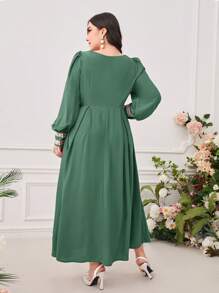 Modelyn Plus Square Neck Button Detail Lantern Sleeve Fold Pleated Detail Dress - Green - View 2