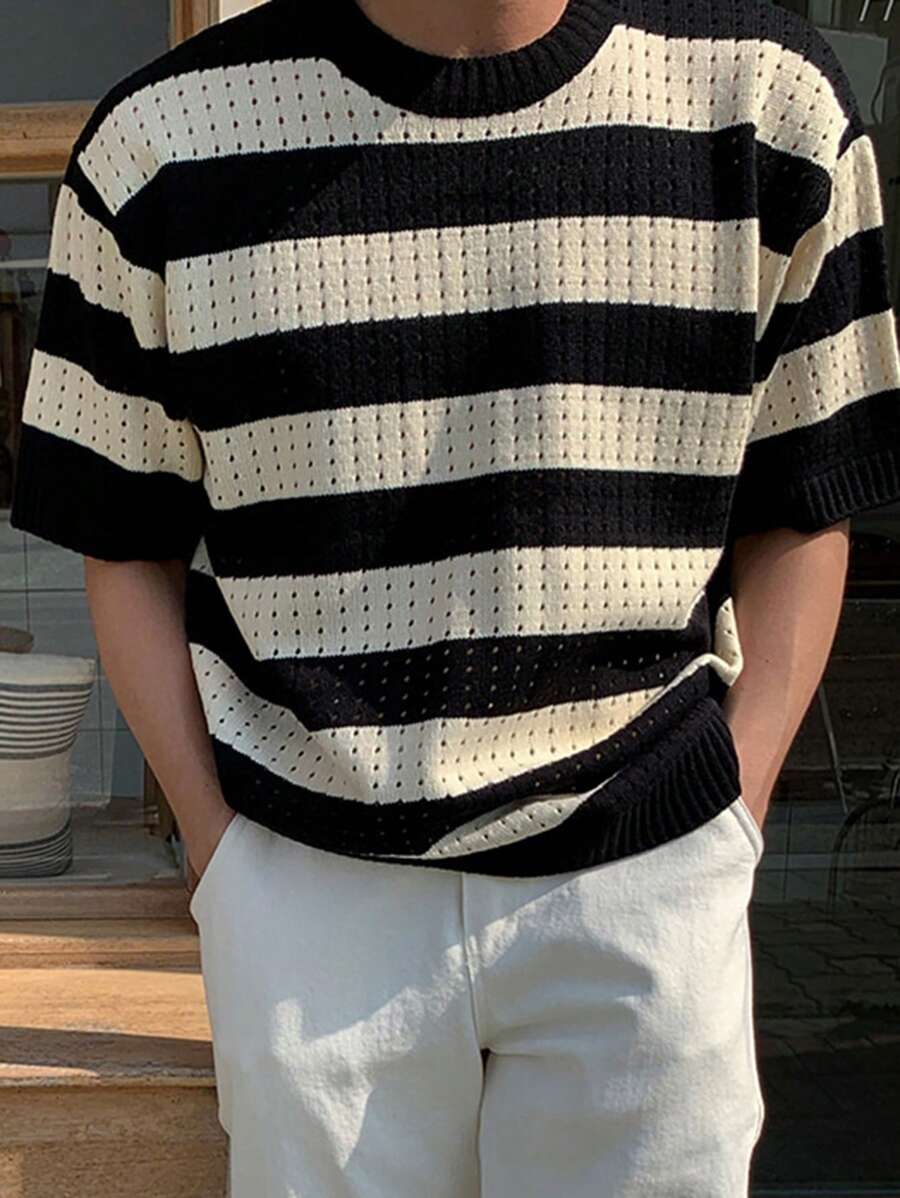 DAZY Men Two Tone Drop Shoulder Pointelle Knit Top - Black and White - View 1