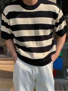 DAZY Men Two Tone Drop Shoulder Pointelle Knit Top - Black and White - View 6