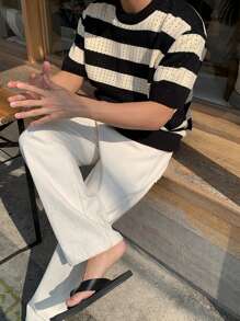 DAZY Men Two Tone Drop Shoulder Pointelle Knit Top - Black and White - View 7