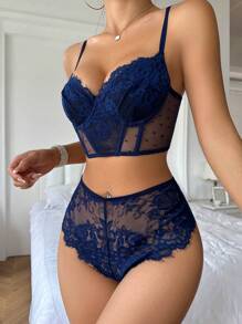 Set de lencería con encaje floral con aro - Azul Marino - Ver 3