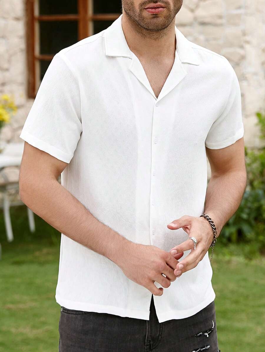 Manfinity Homme Hombres Camisa unicolor con botón sin camiseta - Blanco - Ver 1