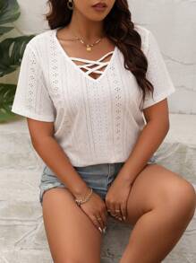 Calvaya 大碼前交叉網眼刺繡T恤 - 白色 - 查看 4