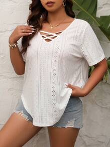 Calvaya 大碼前交叉網眼刺繡T恤 - 白色 - 查看 5