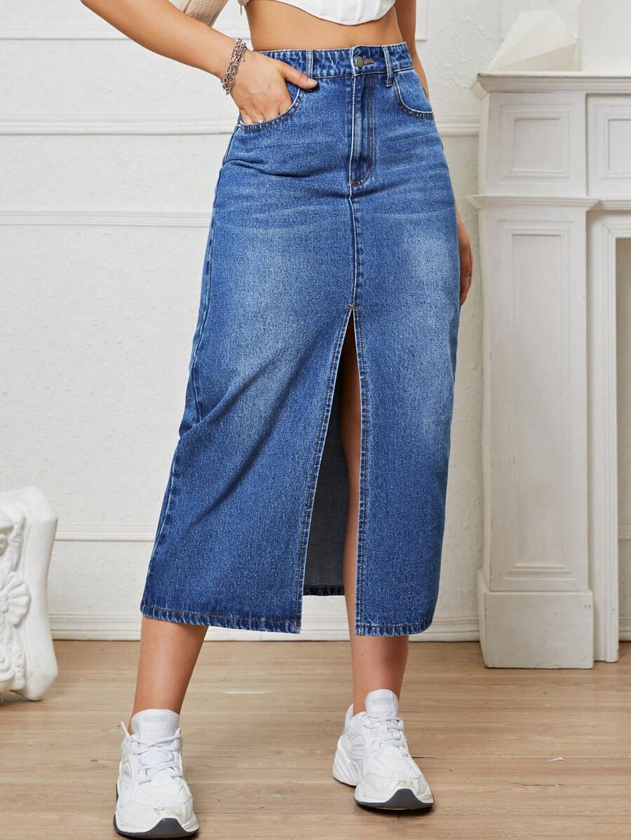 SHEIN EZwear 高腰高衩牛仔半身裙 - 中等水洗藍 - 查看 1