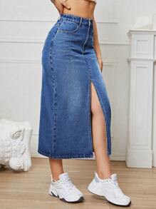 SHEIN EZwear 高腰高衩牛仔半身裙 - 中等水洗藍 - 查看 3