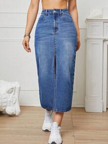 SHEIN EZwear 高腰高衩牛仔半身裙 - 中等水洗藍 - 查看 5